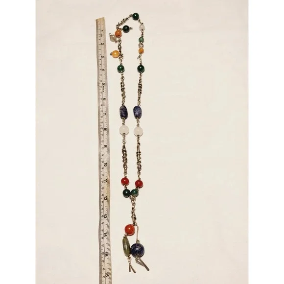 Vintage Sterling Silver Modernist Brutalist Beaded Stone Abstract Necklace 24in